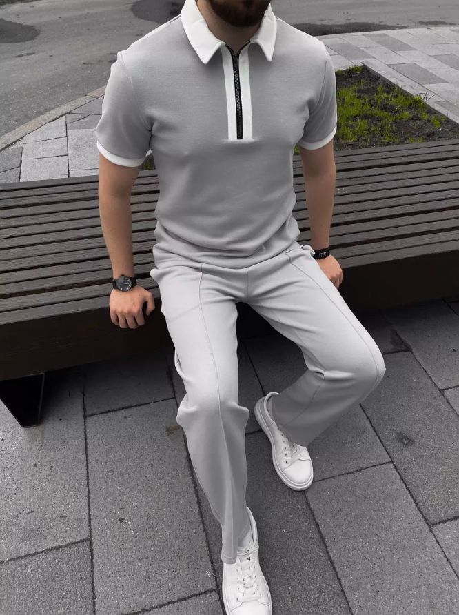 Men's Clothing Summer Polo Shirt Zipper Casual Short Sleeve Shorts Suit_voghion.com