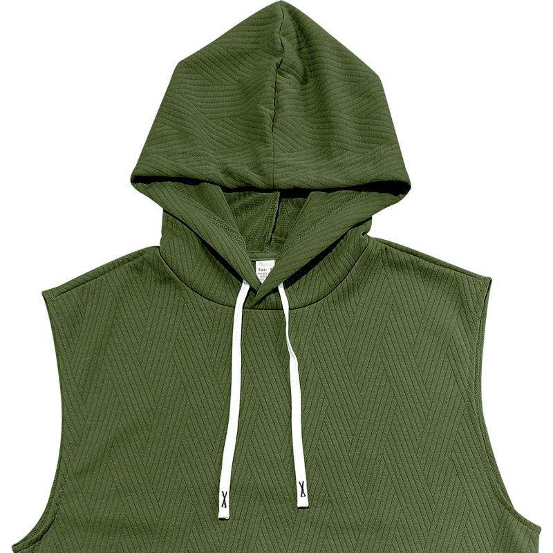 Felpa con cappuccio in maglia jacquard casual da uomo, senza maniche, con tasca applicata e coulisse_voghion.com