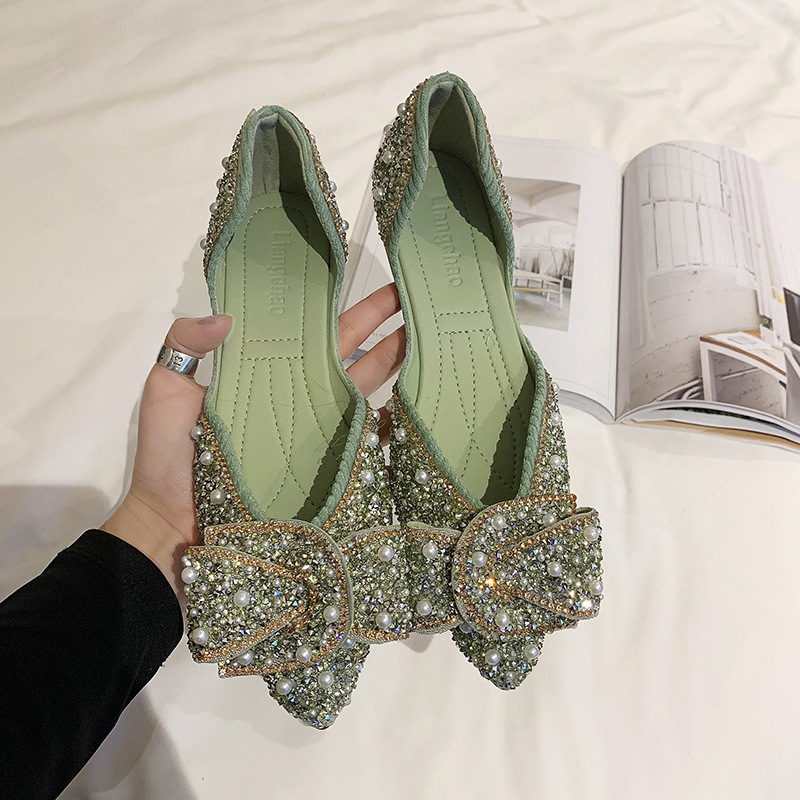 Shoes Women Spring And Summer Models Retro Shallow Mouth Pointed Toe Soft Soled Peas Bowknot Rhinestone Scoop On Behalf Of_voghion.com