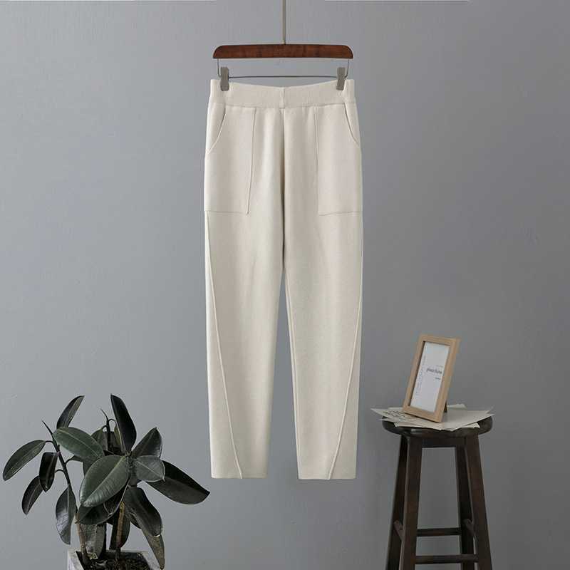 Dames gebreide Haren broek met hoge taille, losse en dunne radijsbroek Koreaanse versie van casual negenpuntsbroek_voghion.com
