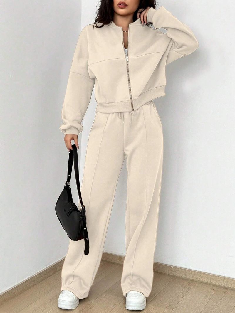 Women's Stylish Zip-Up Hoodie & Pants Two-Piece Set - Slim Fit Fall Winter Outfit In Solid Colors (Grey, Black, Beige, Green, Pink)_voghion.com