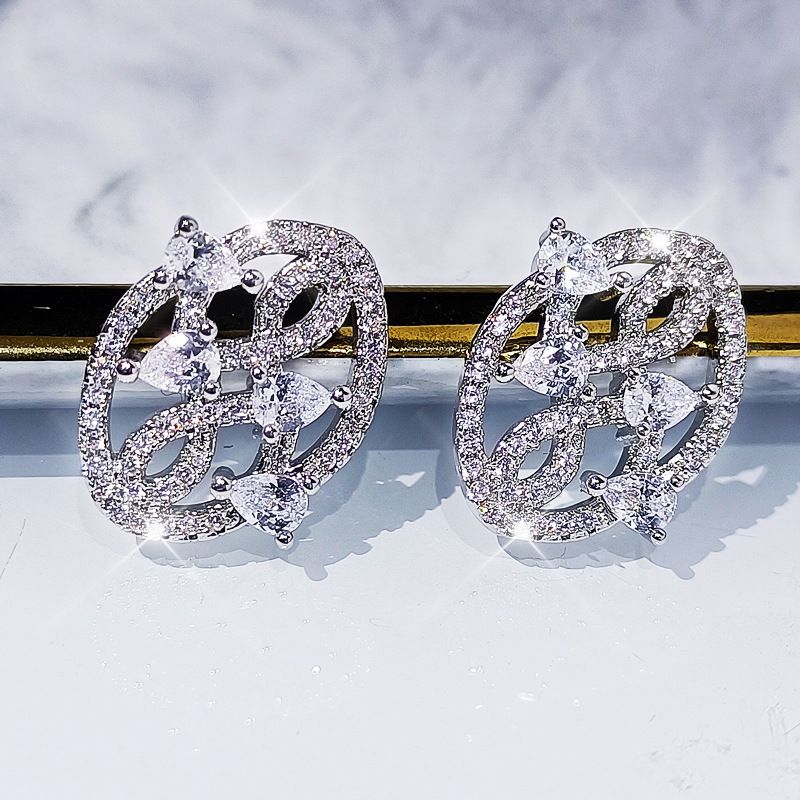 Creative Versatile Tree Leaf Ear Stud Clip Earrings Women's Copper Platinum Plated Zircon Ring Necklace Three-Piece Set_voghion.com