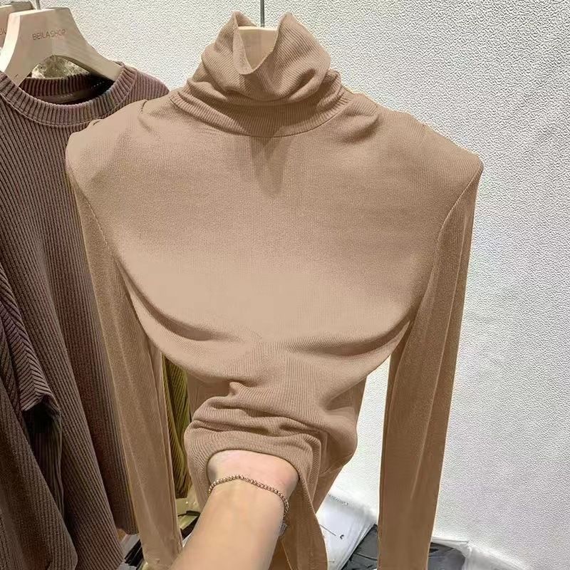Camiseta térmica feminina de gola alta, ajuste fino e manga comprida, camada de base de inverno com forro de lã macia, confortável e quente, respirável e elástica_voghion.com