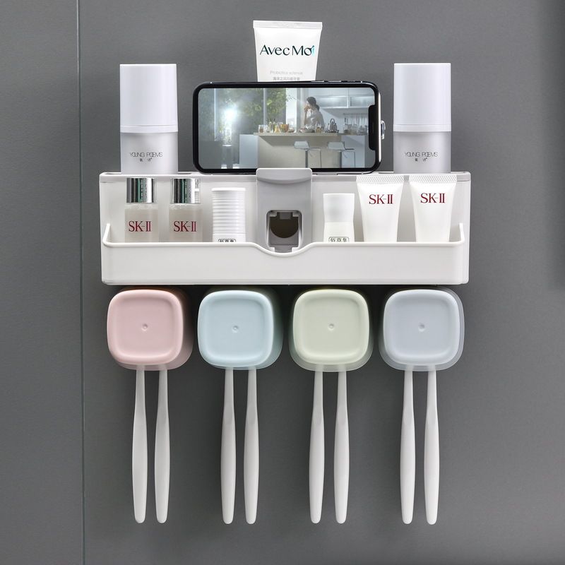 Wall Hanging Non-punching Wash Toothbrush Rack Set Toothpaste Squeezer Mouthwash Cup_voghion.com