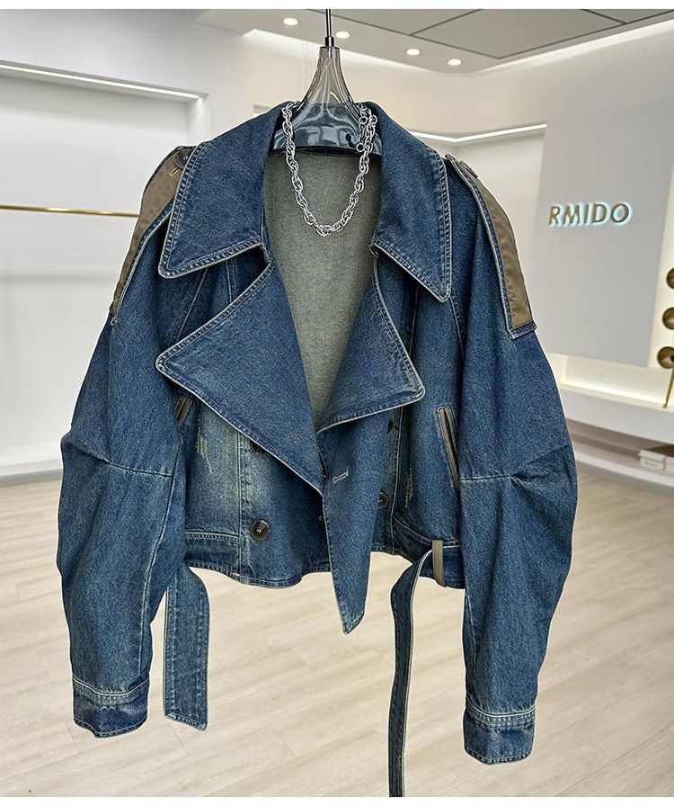 Women's Clothing Leather Denim Short Jacket Vintage Distressed Denim Jacket Women's Casual Oversized Short Coat With Patchwork Design, Retro Blue_voghion.com