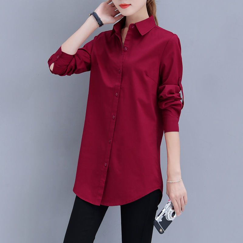 Maglietta da donna a maniche lunghe, di media lunghezza, stile coreano, versatile e ampia, per studenti, taglia grande, blu navy, rosso vino_voghion.com