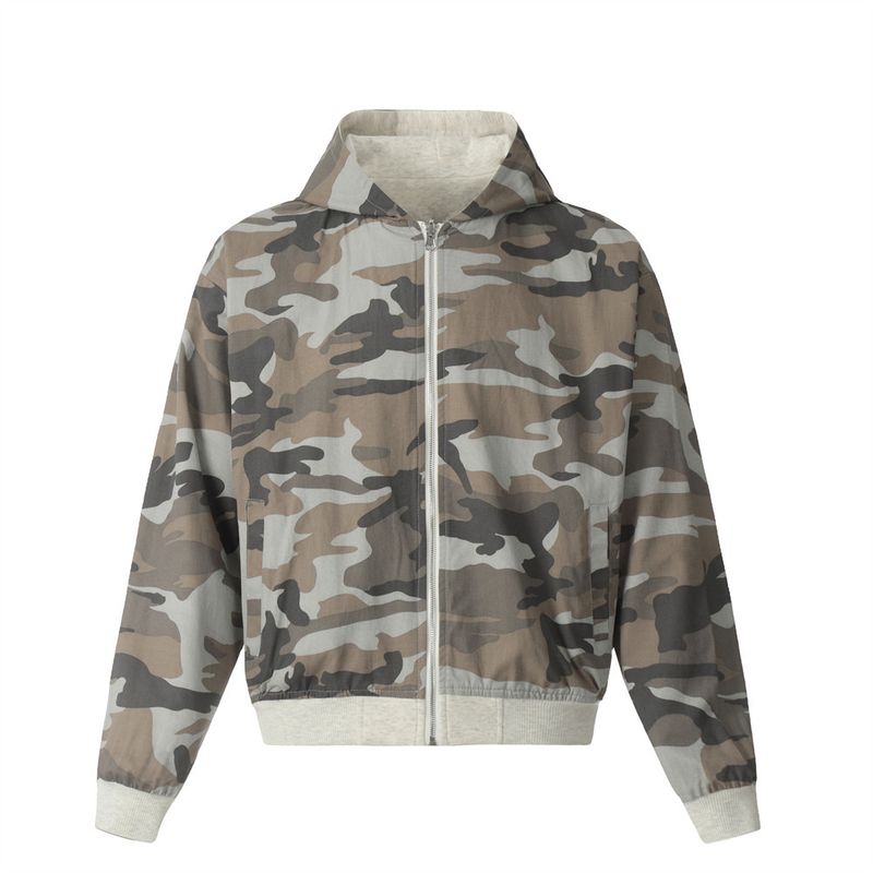 Felpa con cappuccio e cardigan casual da uomo, reversibile, mimetica, con cerniera, per primavera e autunno, stile High Street_voghion.com