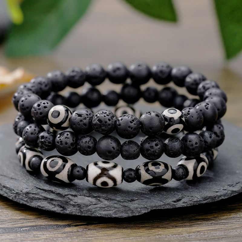 ImitationDzi Bead Herren Naturstein Armband Set Schwarz Set Stapelarmband All Match Beliebtes elastisches Armband Herren_voghion.com