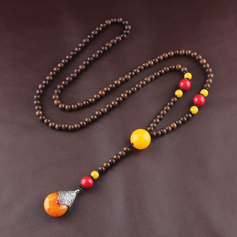Collana con perline buddiste in legno di wengè in stile etnico, ciondolo per abbigliamento in cotone e lino, accessori da donna semplici_voghion.com