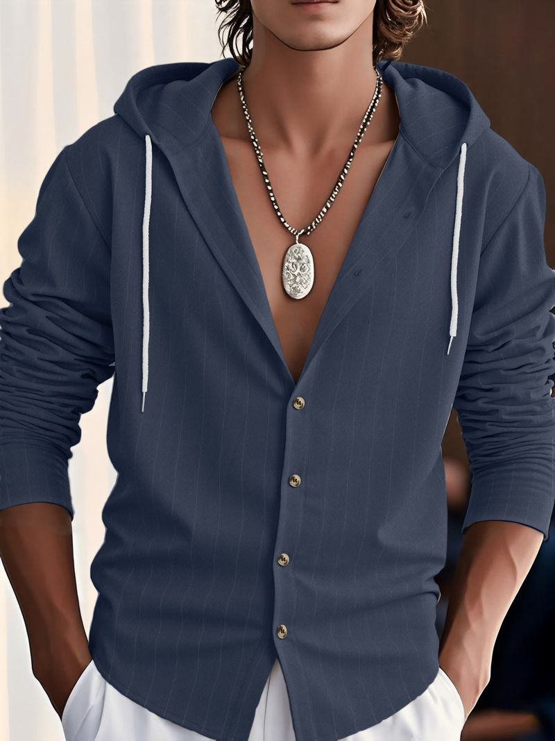 Camicia casual a maniche lunghe con cappuccio e bottoni, nuova, in cotone e lino, a righe, da uomo_voghion.com