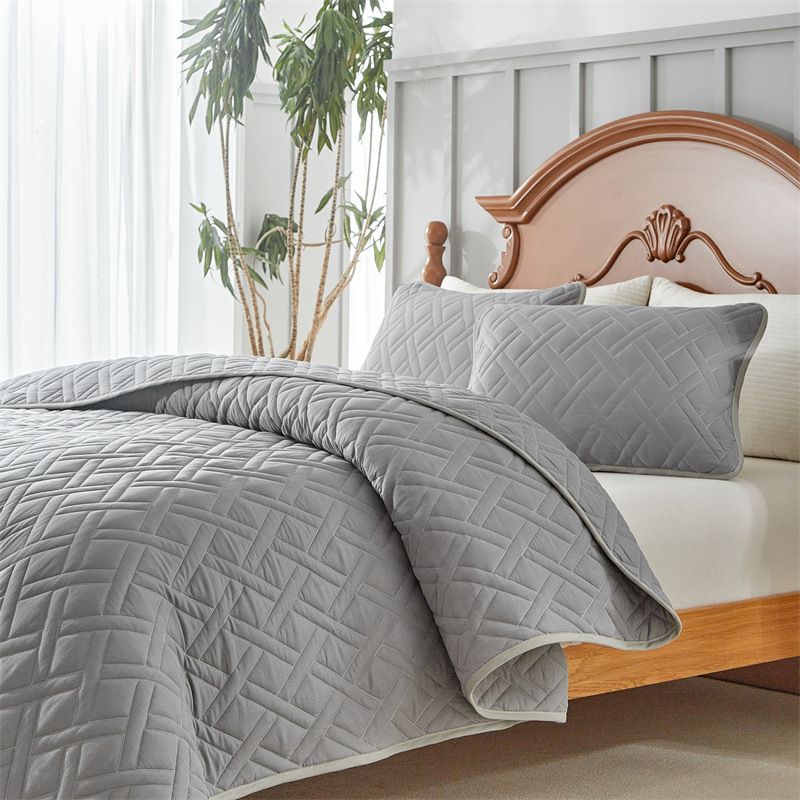 Gestepptes Tagesdeckenset in Leinenoptik – 3-teilig (mit genähtem Gittermuster, Füllung aus Baumwolle, inklusive passender Kissenbezüge, Queen-Size, knitterfrei)_voghion.com