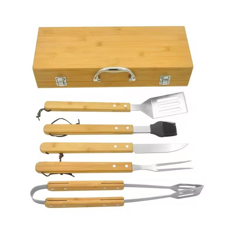 ✅Stainless Steel Tool Outdoor Wooden Handle Fork Spatula Tongs Combination BBQ Utensils Full Set_voghion.com