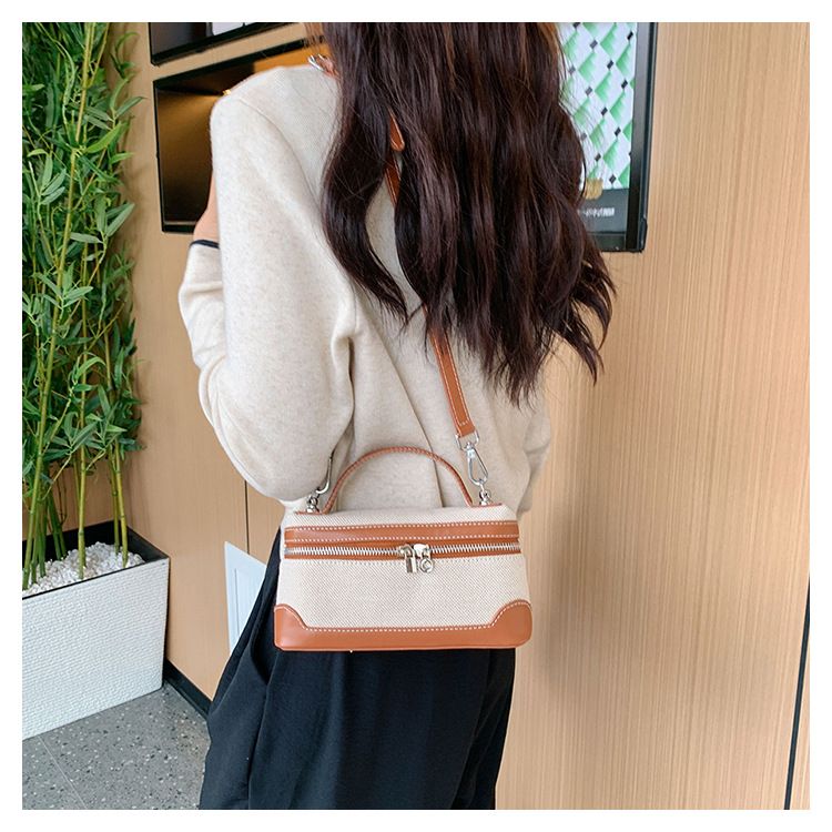 Bags for women 2024 new cross border trendy retro small square bag canvas contrast color stitching textured shoulder messenger bag_voghion.com