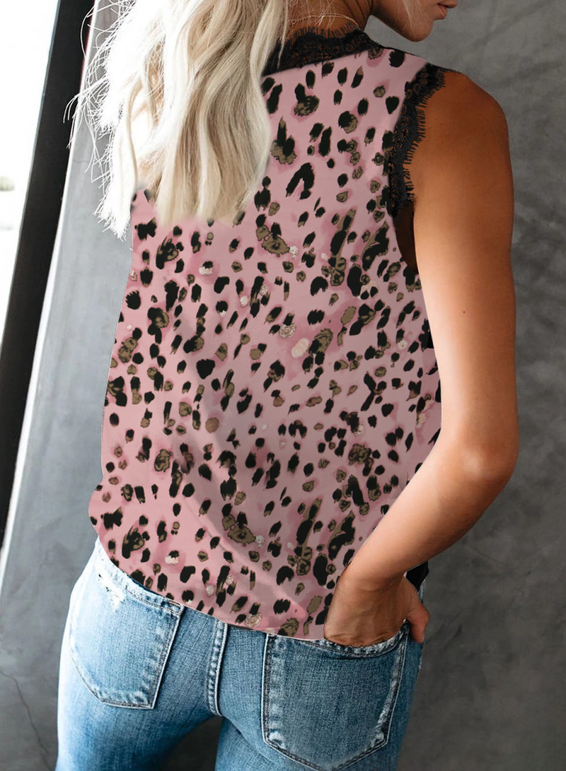 Women's Clothing Solid V-Neck Eyelash Lace Sleeveless Printed Tank Tops_voghion.com