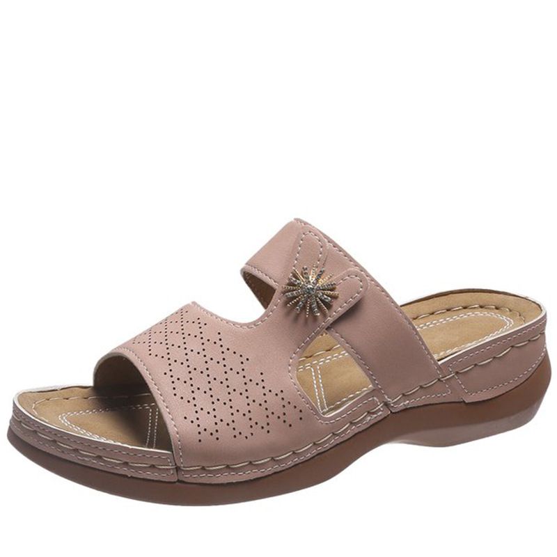 Damemote broderte fiskemunn-tøfler med tykk bunn og hule sandaler_voghion.com