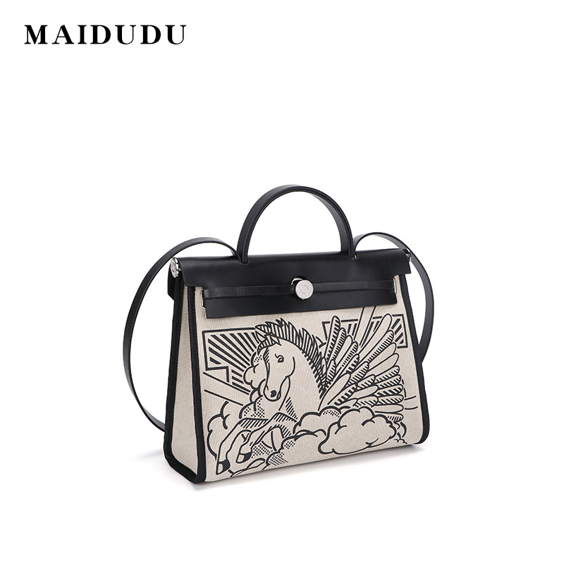 Maidudu Women's 2021 Novo Pentium Pegasus Couro Genuíno Com Lona Grande Capacidade Kelly Bolsa de Ombro Portátil_voghion.com
