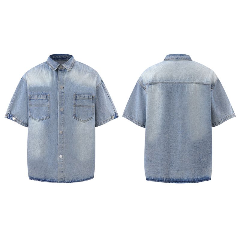 Herrenbekleidung Washed Old Denim Kurzarmjacke Weite Beinhose Anzug Herren Loose Summer Ins Denim Anzug_voghion.com