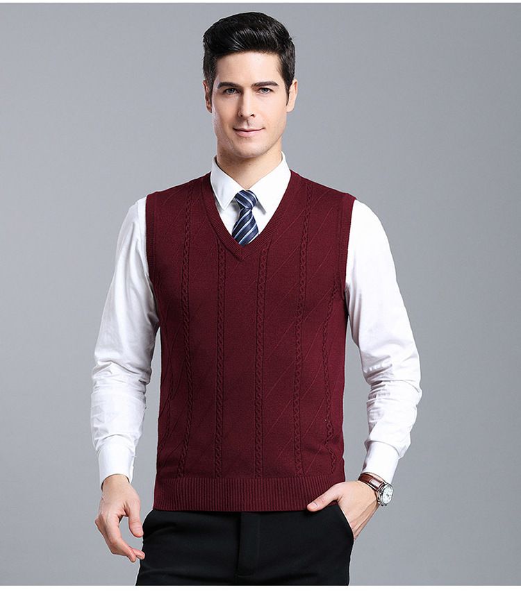Men's Wool Blend Knit Vest, Solid Color Cable V-Neck Sleeveless Pullover, Casual Layering Piece For Autumn_voghion.com