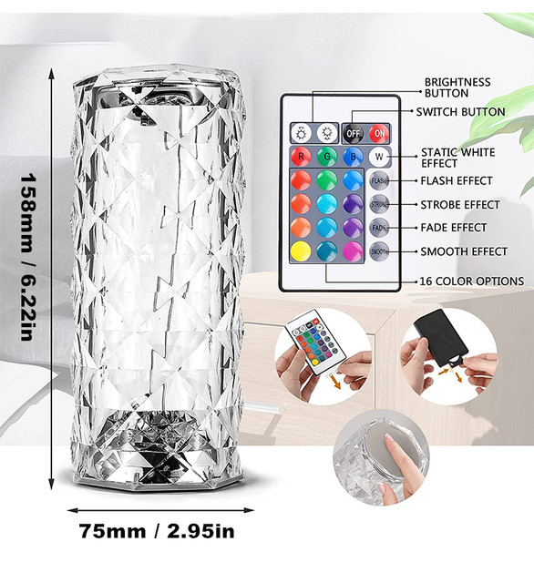 LED 16 Farben Kristall Tisch Lampe Rose Licht Romantische Diamant Atmosphäre Licht Touch Einstellbare Nacht Licht Für Schlafzimmer Dekorieren_voghion.com