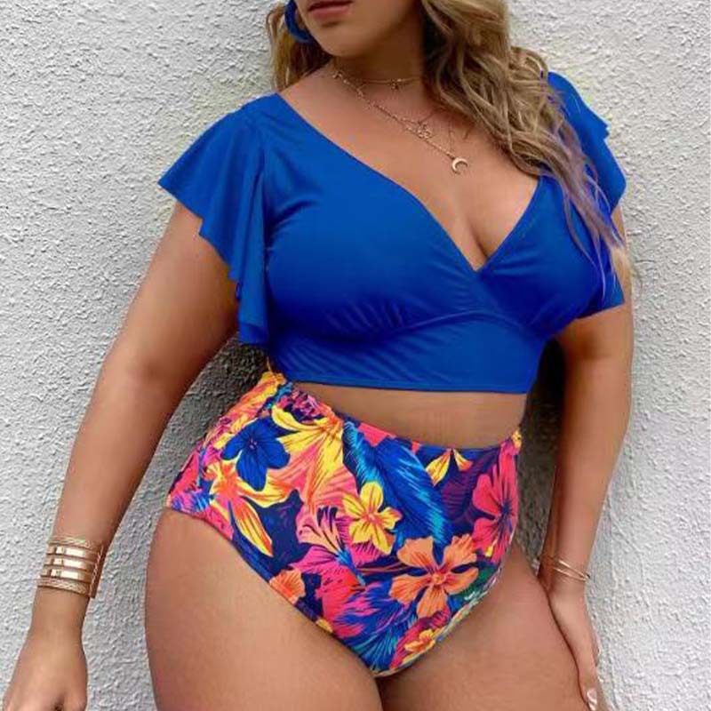 Grote maat splitbikini voor dames met geplooide ruches en hoge taille met print_voghion.com