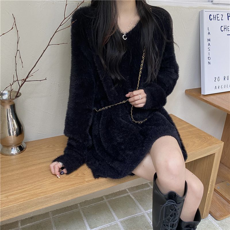 Imitation Mink Soft Waxy Sweater Women's V-neck Thin Medium And Long Pullover Knitted Sweater_voghion.com