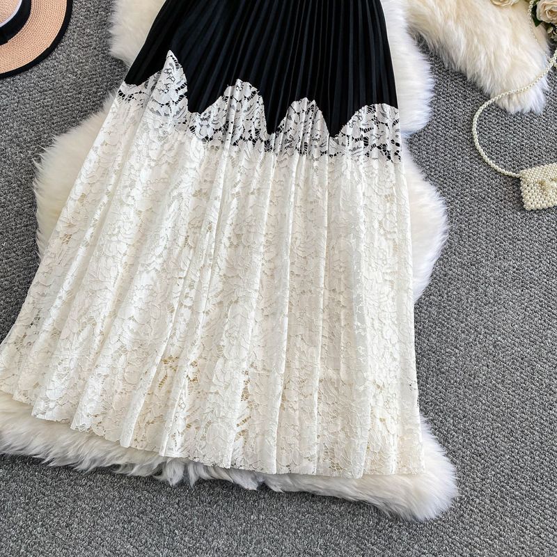 Damenbekleidung Eleganter Midirock mit Spitzenbesatz für Damen, hoch taillierter, ausgestellter Prinzessinnenrock mit plissiertem Saum, atmungsaktive Polyestermischung_voghion.com
