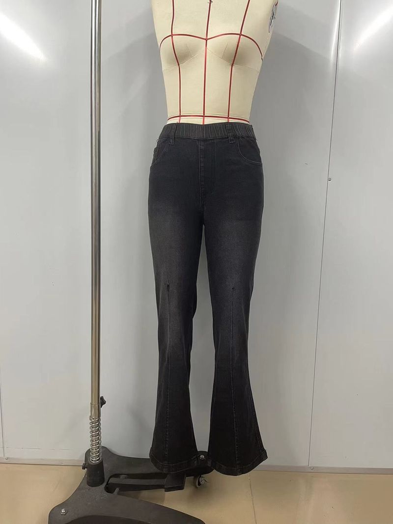 Abbigliamento da donna Jeans lavati con elastico in vita alta e gamba larga a vita media_voghion.com