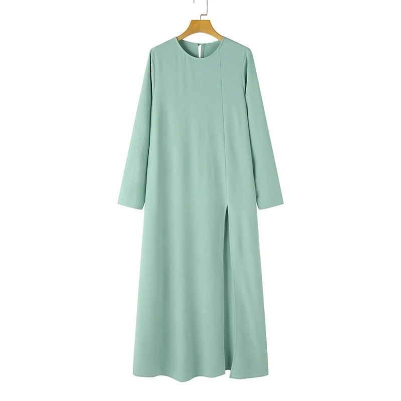 Muslim Women's Suit Ice Silk Wrinkled Long Sleeves High Slit Hem Fashionable Solid Color Elegant Temperament Robe_voghion.com