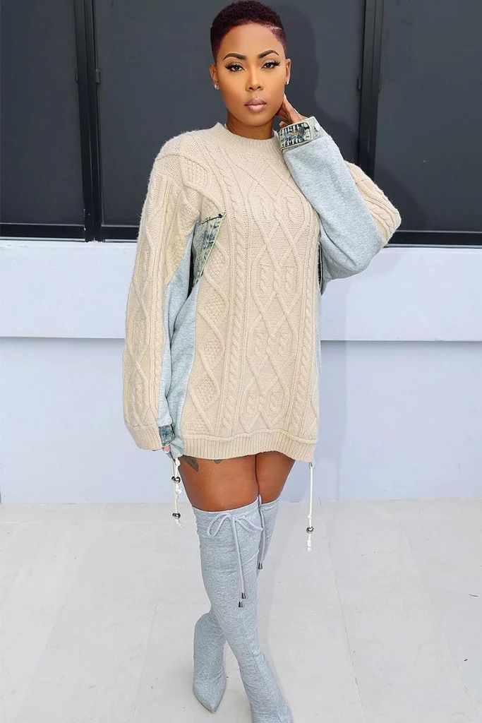 Damenbekleidung Temperamentvoller Oversize-Strickpullover mit Farbblock-Detail und Kordelzug, lässiger Boho-Chic-Pullover, Damenmode für Herbst und Winter_voghion.com