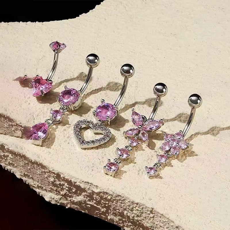 Set di gioielli da piercing all'ombelico in acciaio inossidabile da 5 pezzi in stile europeo e americano con zirconi a forma di cuore_voghion.com