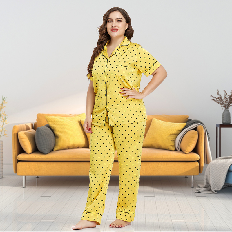 Kadın büyük boy buz ipek hırka pijama kadın ev elbise yaka kısa kollu pantolon iki takım_voghion.com
