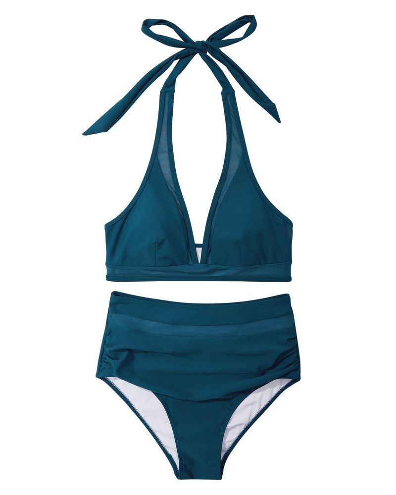 Maillot de bain une pièce sexy ajouré couleur unie, maillot de bain une pièce en maille épissée, taille haute, décolleté plongeant_voghion.com