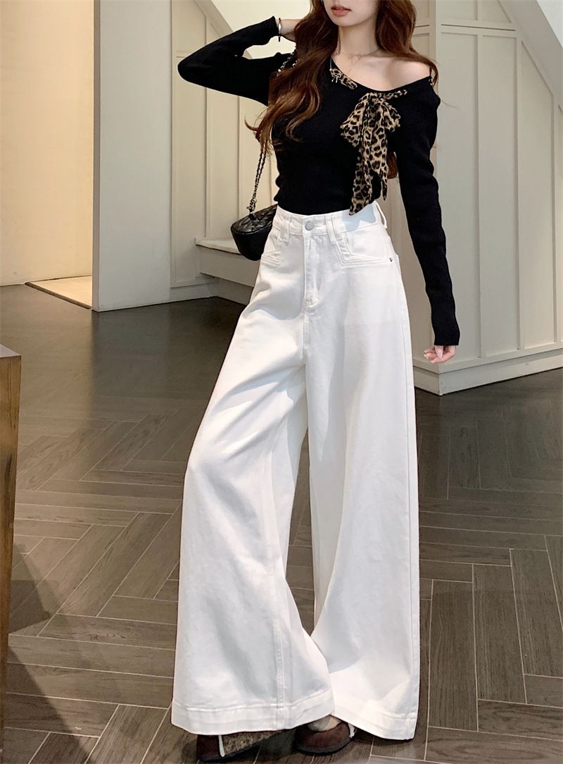 Neue, weiß gewaschene, hoch taillierte, locker hängende, gerade Jeanshose mit weitem Bein für Damen von Spicy Girl_voghion.com