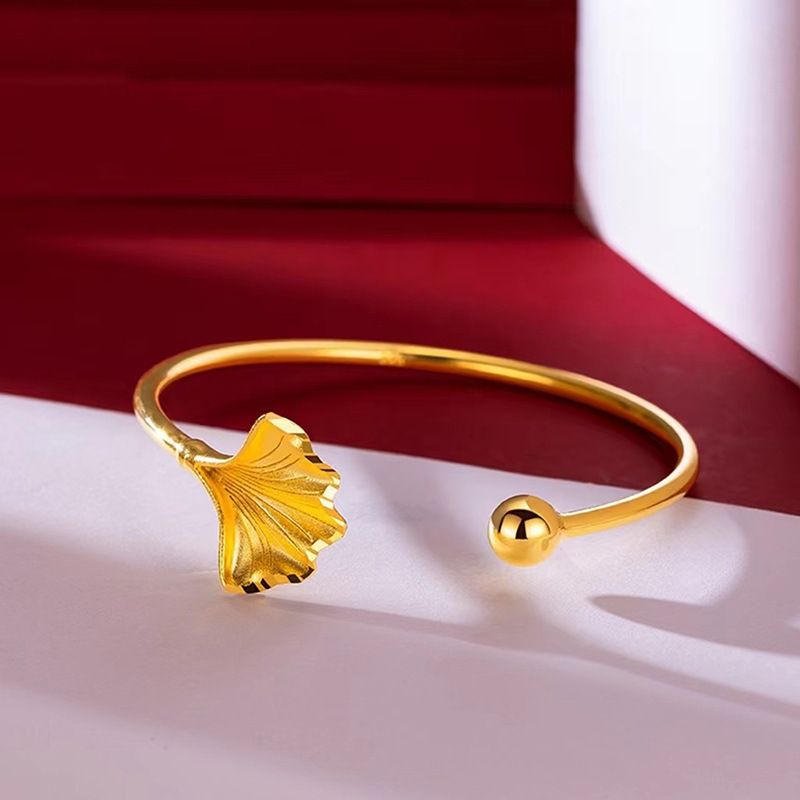 Sandguld, ett blad, rikt ginkgo, öppet justerbart armband, kopparförgyllt armband för kvinnor, enkelt, utsökt ginkgoarmband_voghion.com