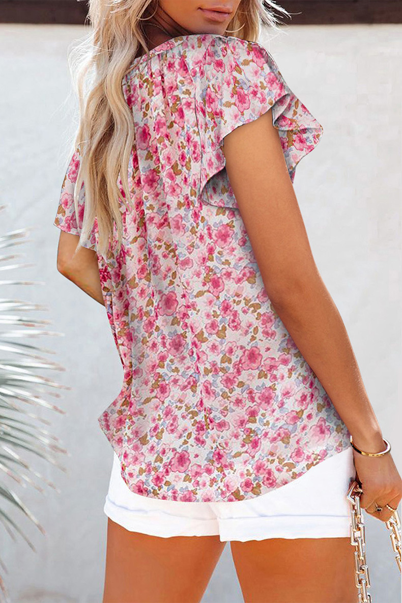 Women's clothing floral print V-neck pullover chiffon shirt_voghion.com