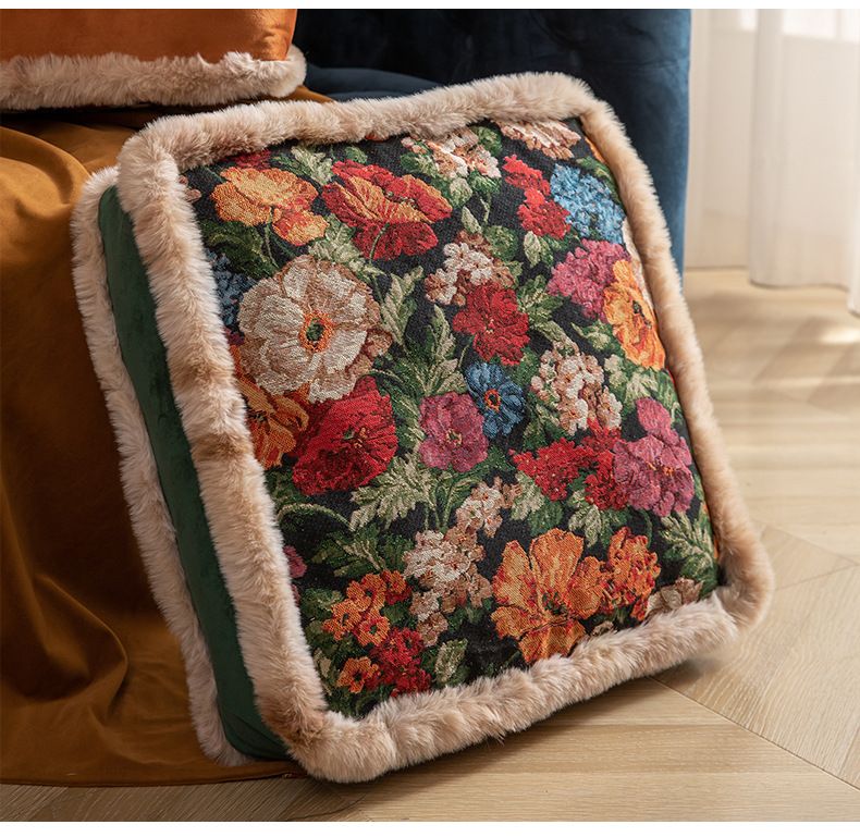 Premium Cotton-Linen Floor Cushion – Thick Square Seat Pad With Vintage Botanical Print (Non-Slip Base, Breathable PP Cotton Fill, Boho Chic Decor)_voghion.com