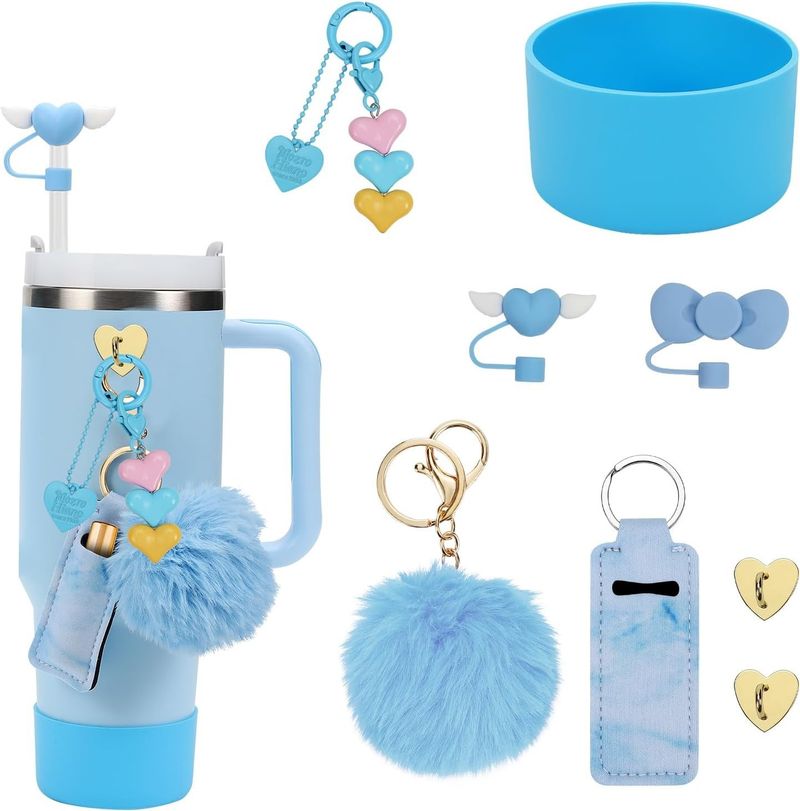 Tassen-Zubehör-Set, 10 mm, Liebesschleife, Strohkappe, weicher Kleber, Tassenabdeckung, bunte Kugel, Anhänger, Dekoration_voghion.com