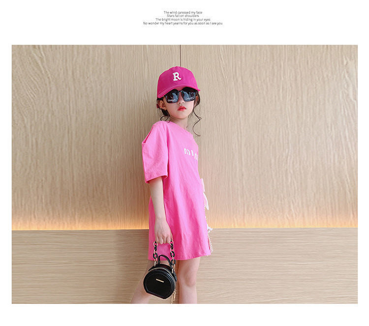 2024 Summer New Girl's Bow T-shirt length Split Korean Trendy Fashion Top Short sleeved Mid size Big Boy_voghion.com