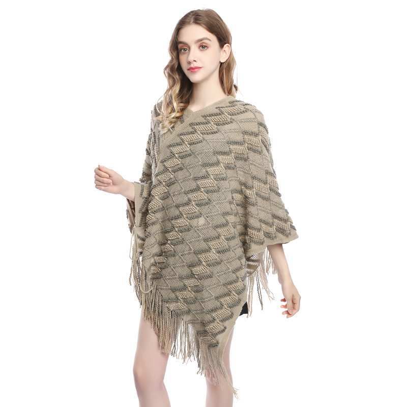 2022 Hierscht/Wanter Damen Mëttellängt Moud Z-Linn Casual Villsäiteg Quasten Cape V-Ausschnëtt Gestrickt Pullover fir Fraen 88_voghion.com
