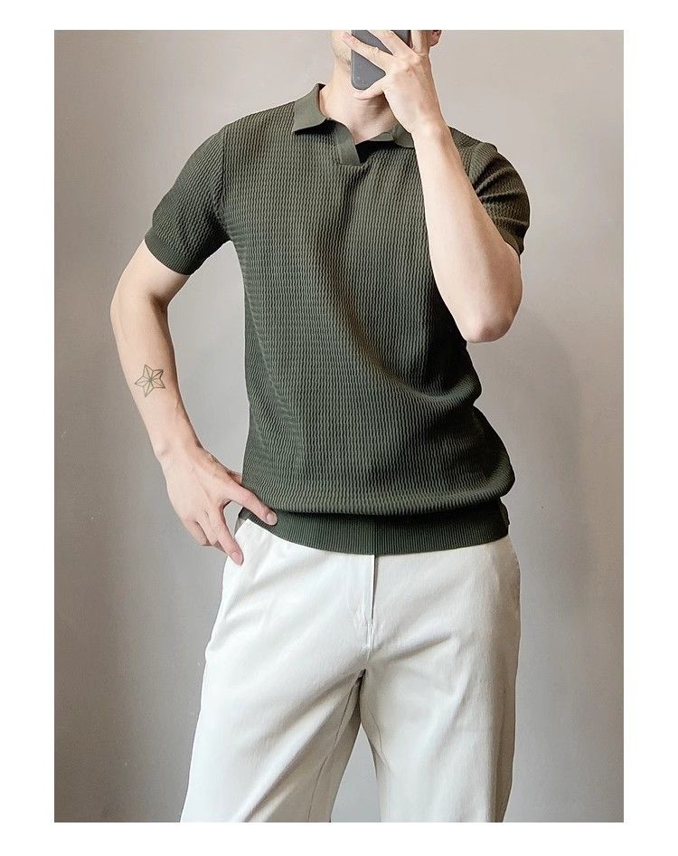 Polo da uomo in maglia leggera e traspirante, aderente, a maniche corte, stile americano, in seta ghiacciata, modello cross-border, con strisce antivento_voghion.com