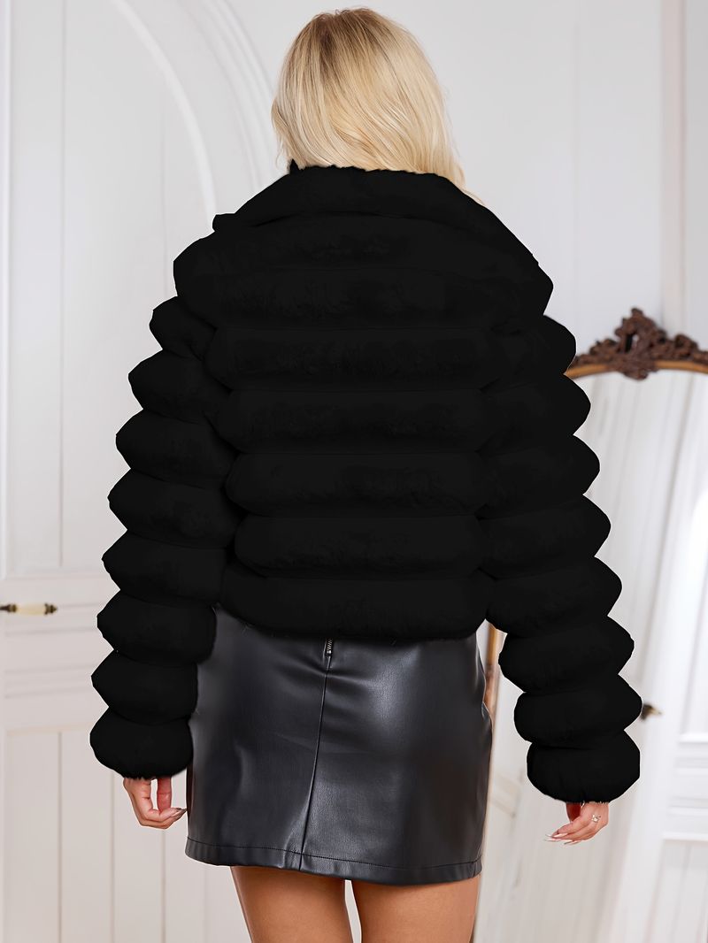 Giacca elegante a maniche lunghe da donna - Morbida con polsini foderati in pelliccia, tinta unita nera autunnale e capospalla per casual o outfit,_voghion.com