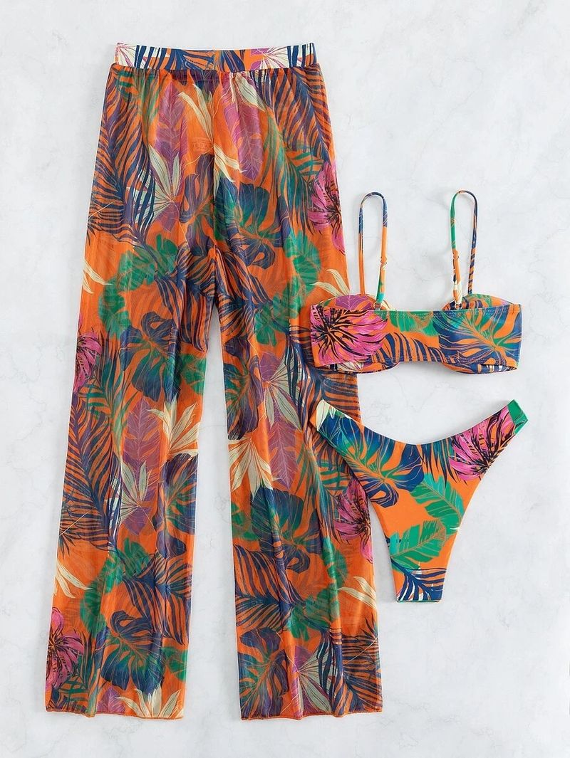 Badpakset met bloemenprint en open rug voor dames - 3-delige bikinitop en zwembroek met hoge taille - snel drogende polyester badkleding voor strand- en zwembadvakanties_voghion.com