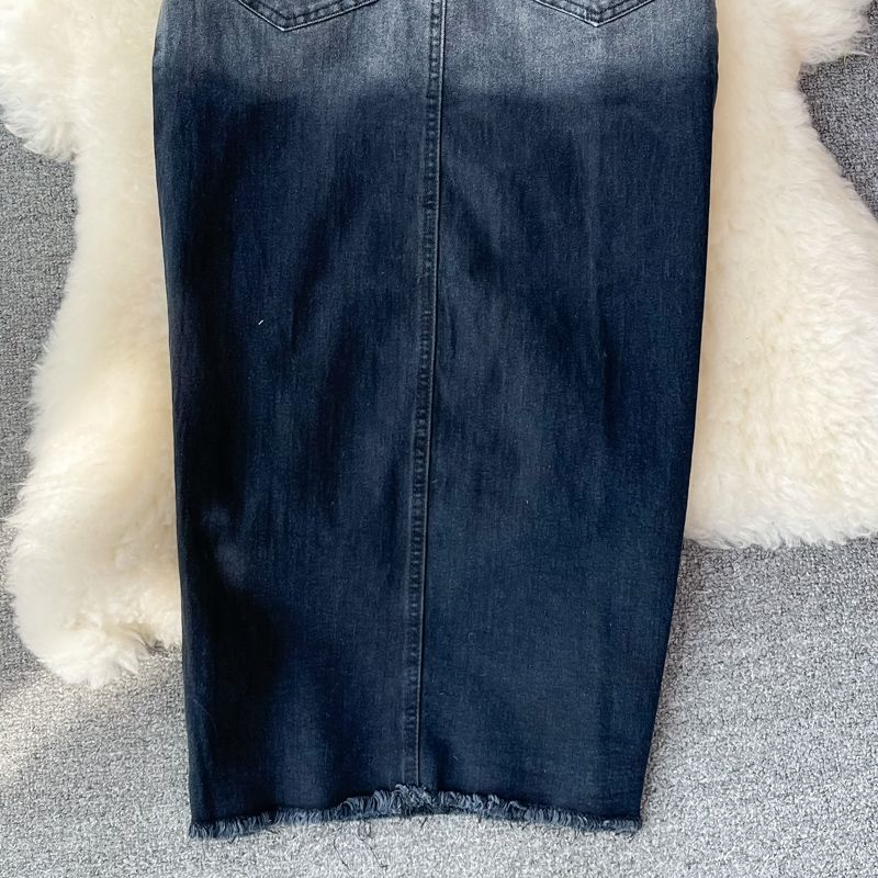 Gonna in denim da donna, lunghezza media, vita alta, spacco, gonna lunga a trapezio, gonna alla moda, completo due pezzi, top corto a vita alta_voghion.com