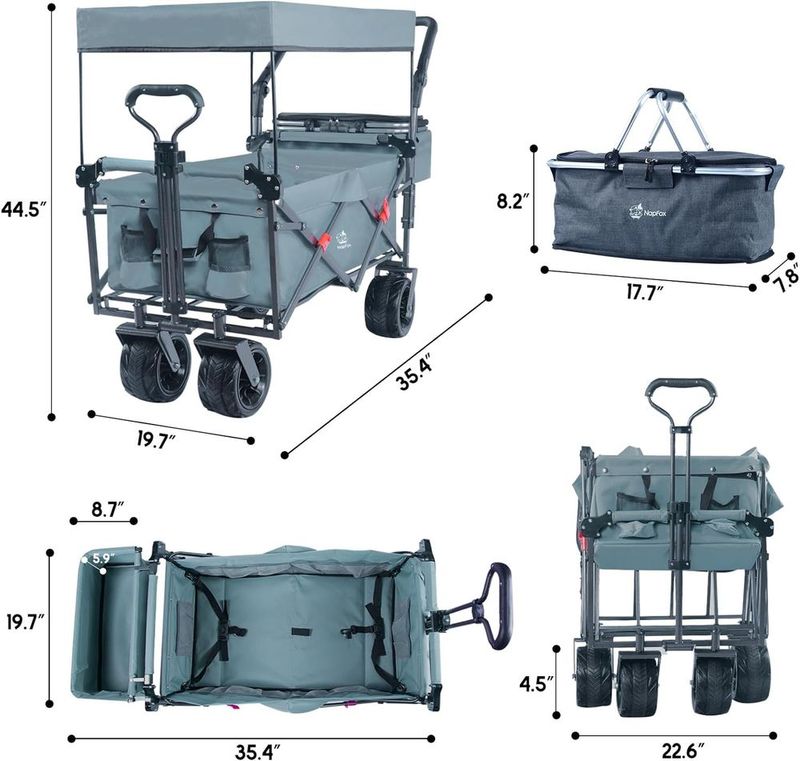 Collapsible Wagon Heavy Duty Folding Wagon Cart With Removable Canopy, 4" Wide Large All Terrain Wheels, Brake, Adjustable Handles,Cooler Bag Utility Carts For Outdoor Garden Beach_voghion.com