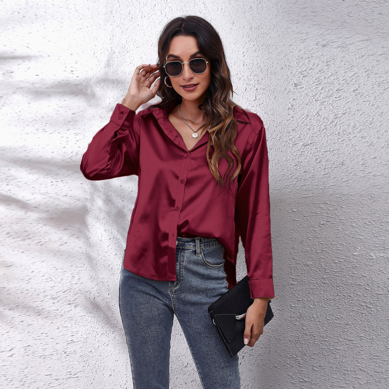 Women's clothing color D shirt satin silk imitation long sleeve shirt_voghion.com