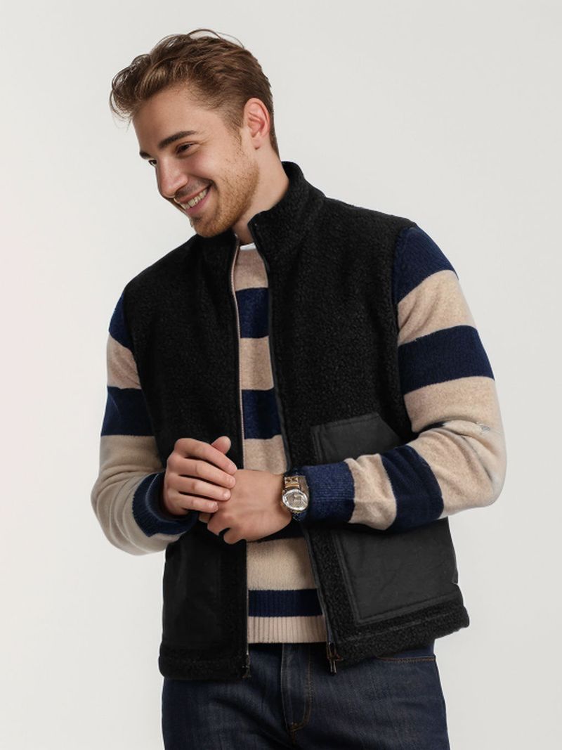 2025 Autumn And Winter Men's Fashion Lamb Wool Vest Large Pocket Vest Stand-up Collar Splicing Vest Men_voghion.com