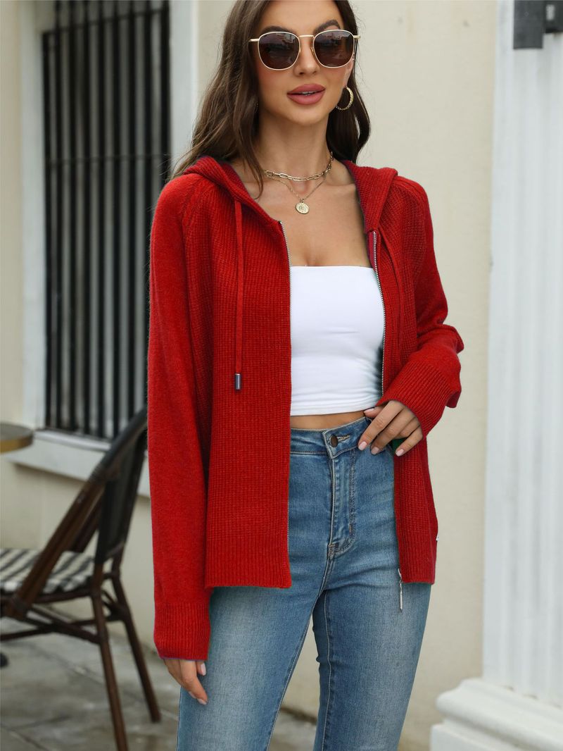 Cardigan in maglia con cappuccio e cerniera da donna - Maglione pullover in tinta unita con coulisse per autunno e inverno_voghion.com