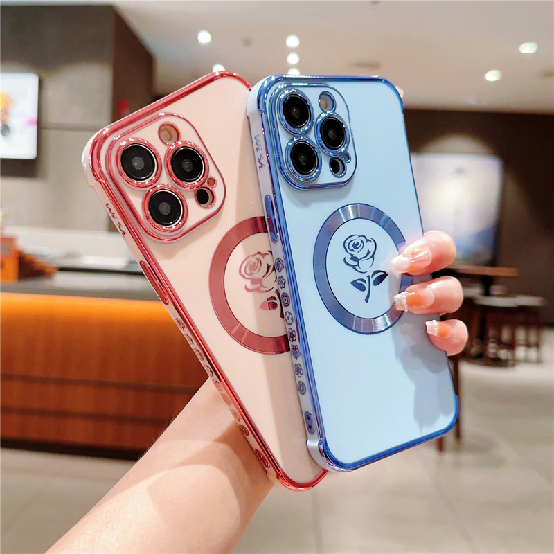15 Pro Max Magsafe placcatura magnetica custodia per telefono fiore rosa per iPhone 11 12 13 14 Plus copertura protettiva per obiettivo_voghion.com