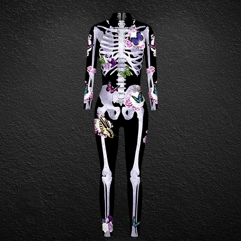 Ženska oblačila za noč čarovnic, ženski oprijeti kombinezon s potiskom človeškega okostja_voghion.com