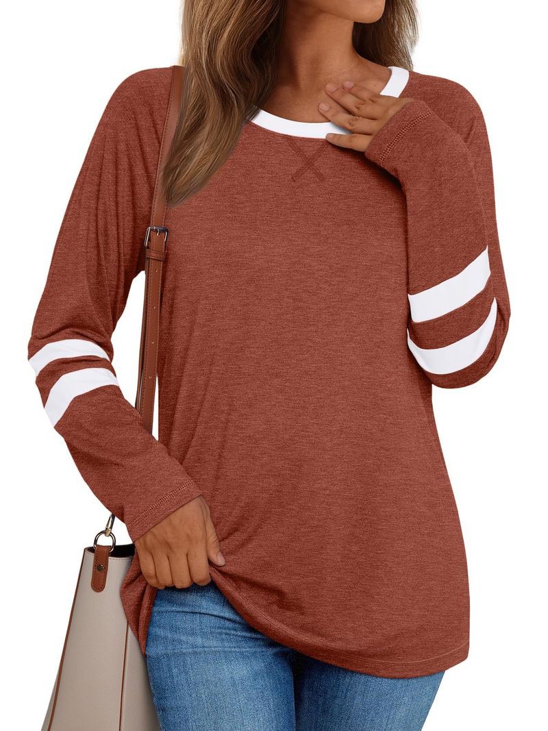2025 Basic Shirt Color-Block Long Sleeve T-Shirt Loose Round Neck Top Women's Autumn Fashion_voghion.com